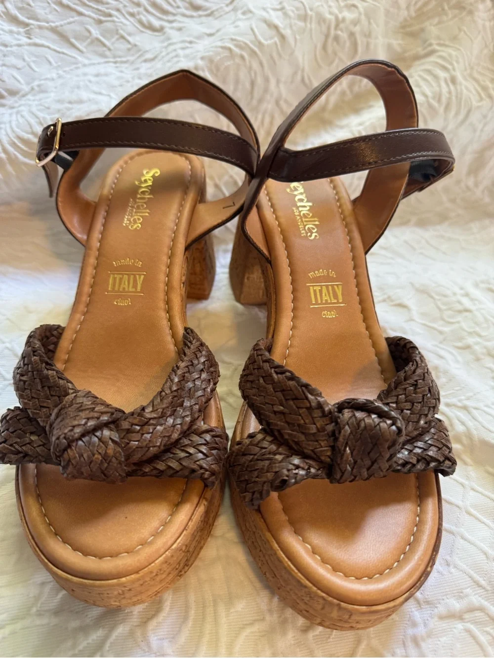 Seychelles Brown Braided Leather Wedge Sandals